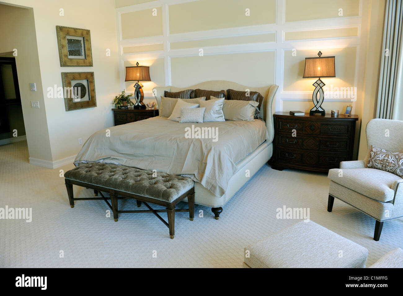 Interior spacious modern bedroom of an upscale new home construction Tampa Florida Stock Photo
