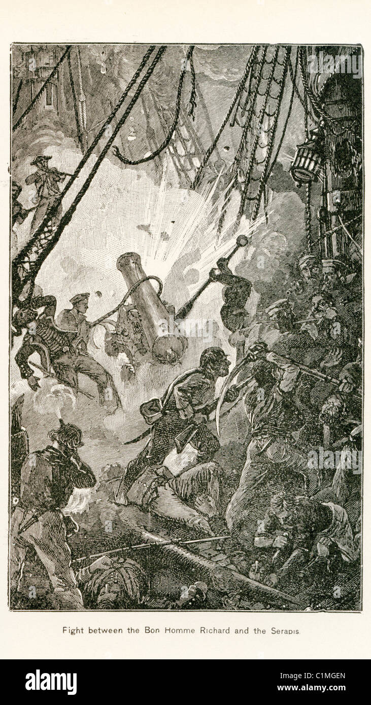 Old lithograph of Bon Homme Richard vs. the Serapis Naval battle of the Revolutionary War Stock Photo