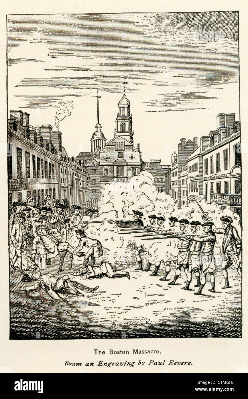 Old lithograph of Boston Massacre 1770, Massachusetts Stock Photo