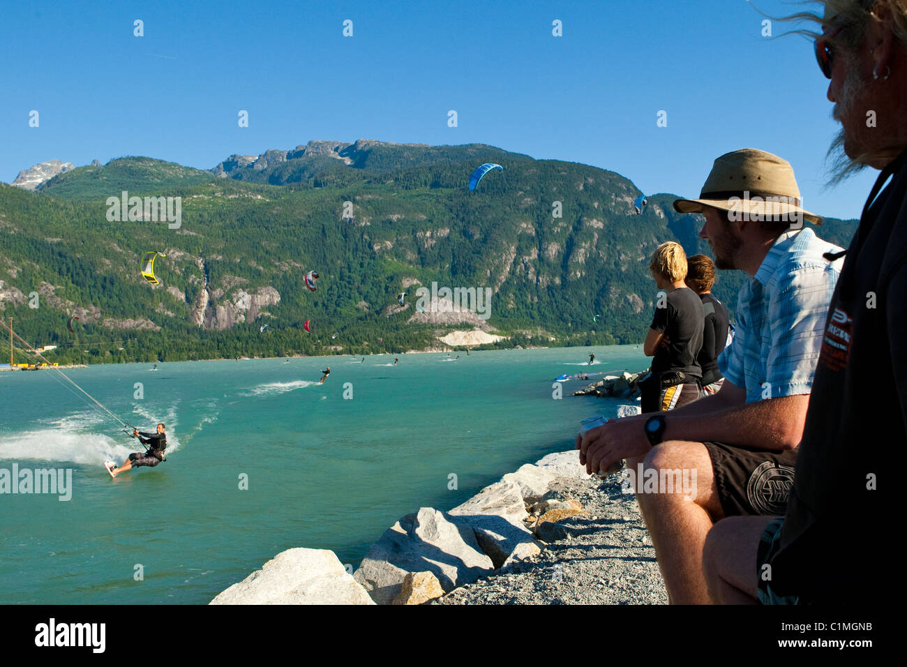 Spectators watch windsport athletes at "the Spit", Squamish, BC, Canada Stock Photo Alamy