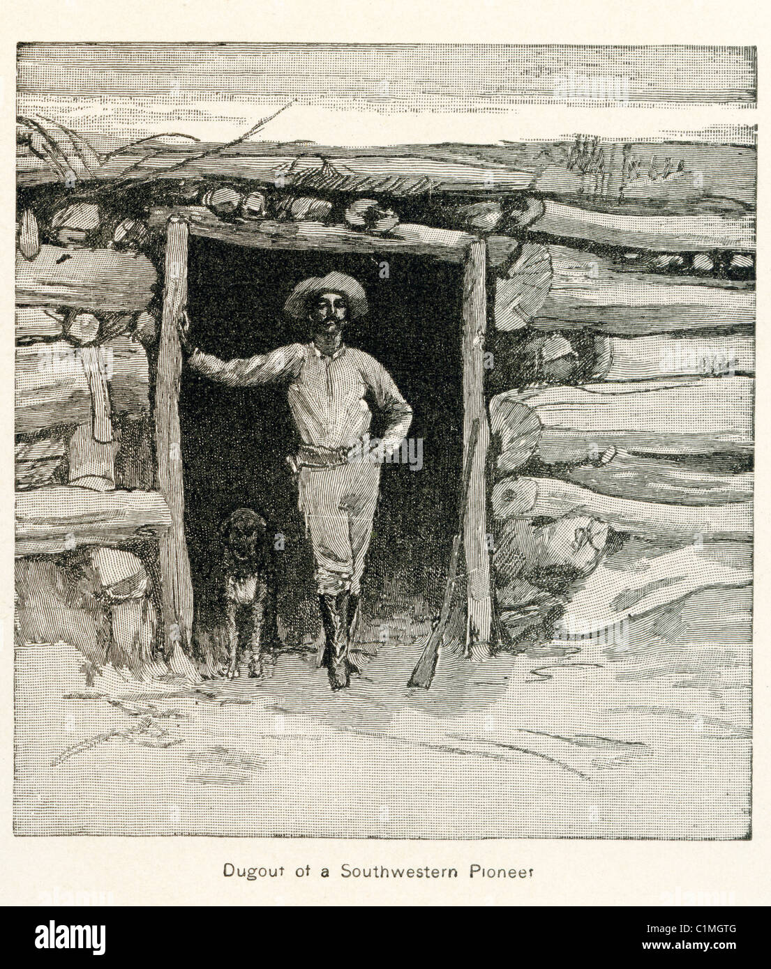 Old lithograph of dugout house in American South Stock Photo