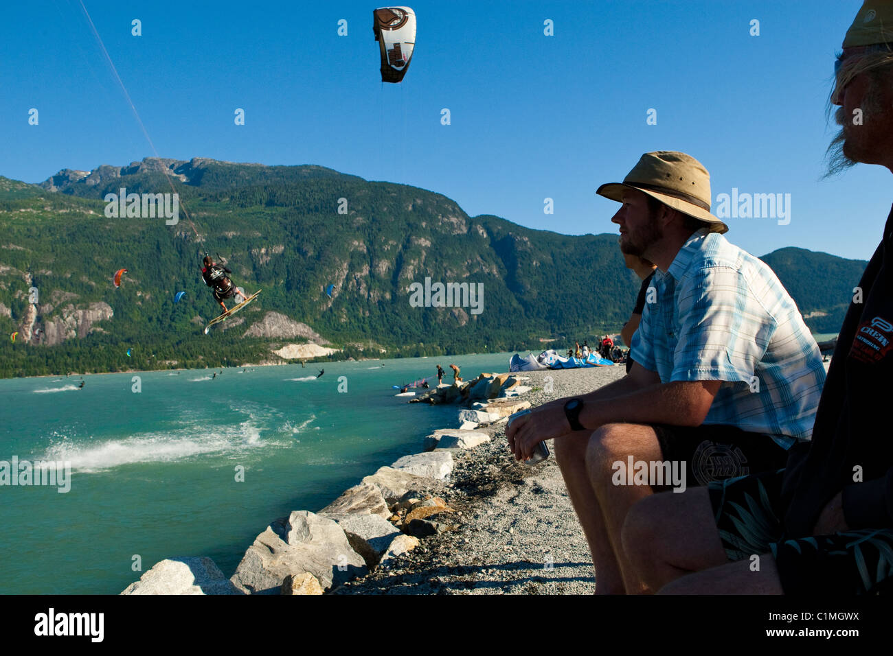 Spectators watch windsport athletes at "the Spit", Squamish, BC, Canada Stock Photo Alamy