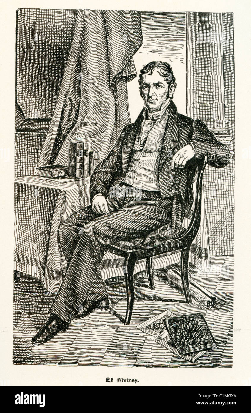 Old lithograph  of Eli Whitney, an American inventor best known for inventing the cotton gin Stock Photo