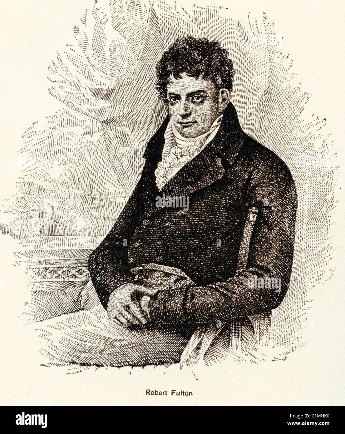 Old lithograph of Robert Fulton, American engineer and inventor of steamboat and first submarine