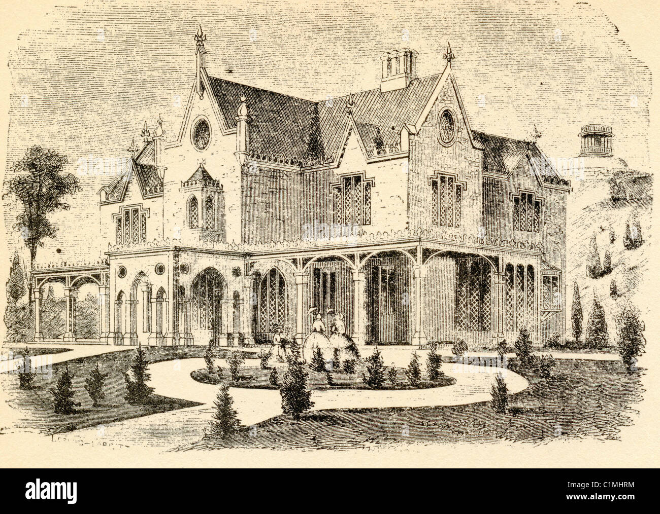 Old lithograph of mansion in Tarrytown, NY, USA Stock Photo