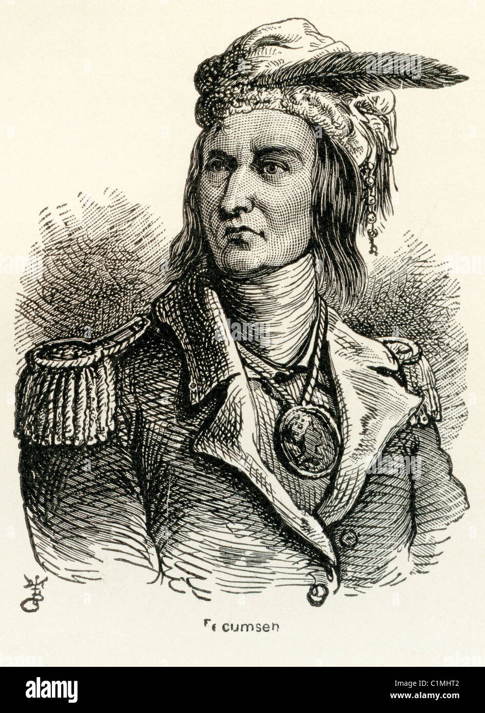 Old lithograph of Tecumseh, Indian Shawnee leader who opposed the United States during Tecumseh's War and the War of 1812 Stock Photo