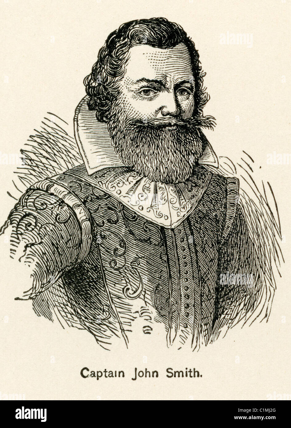 Old lithograph of captain John Smith (1580 – 1631), Admiral of New England  who was an English explorer. Founded Jamestown Stock Photo - Alamy