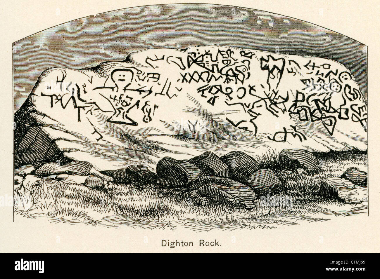 Old lithograph of Dighton Rock, Taunton River at Berkley, Massachusetts. The rock is noted for its petroglyphs. Stock Photo