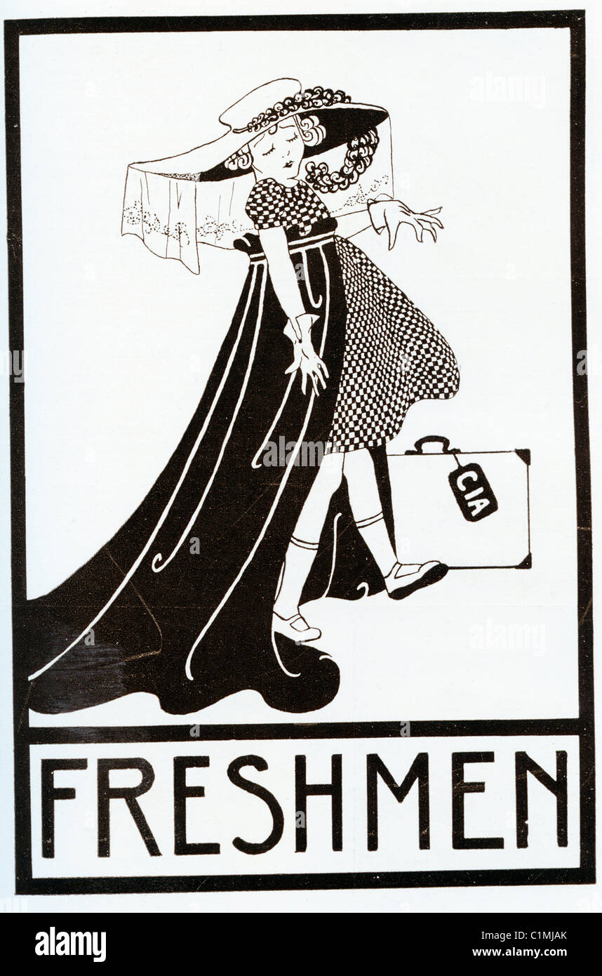 Old lithograph of word FRESHMEN and a girl - from an old college book Stock Photo