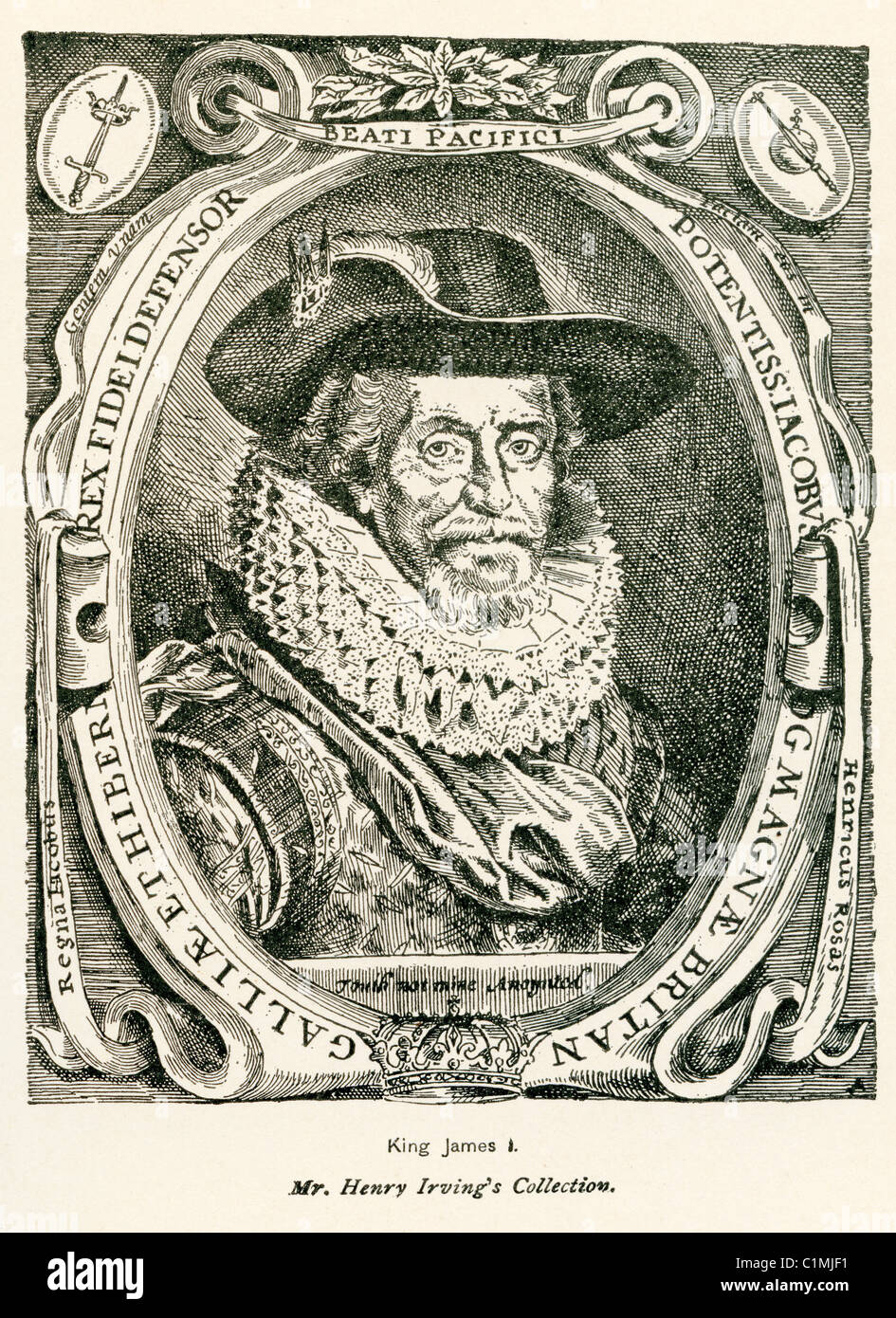 Old lithograph of King James of England Stock Photo