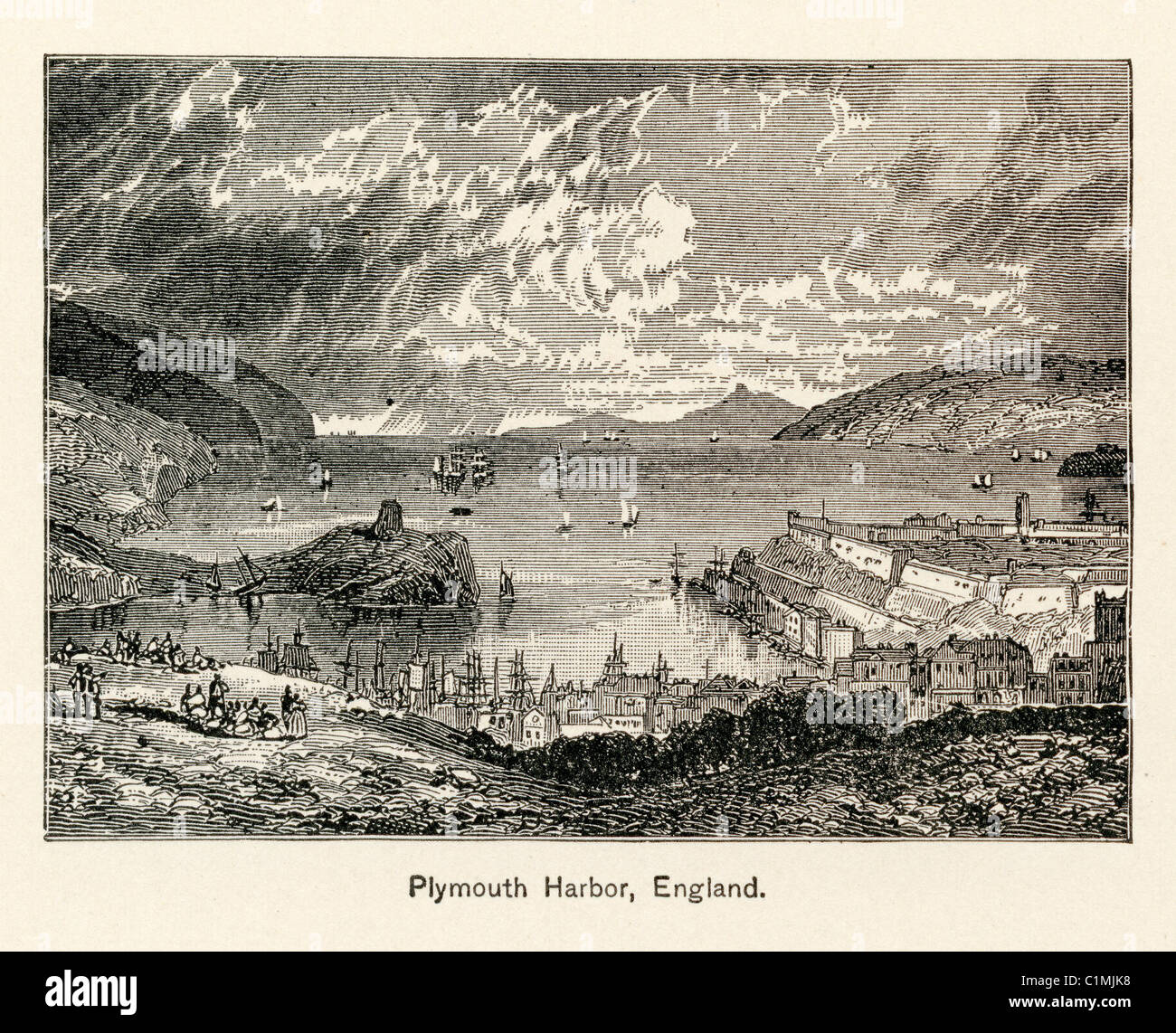 Old lithograph of Plymouth, England Stock Photo Alamy