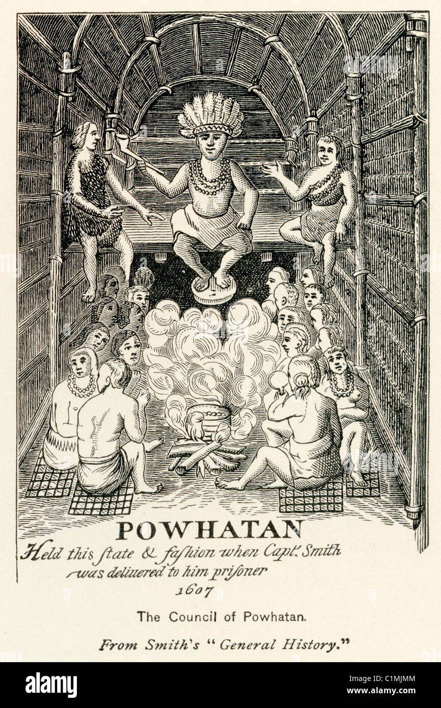 Old lithograph of Chief Powhatan in a longhouse at Werowocomoco, 1612 Stock Photo