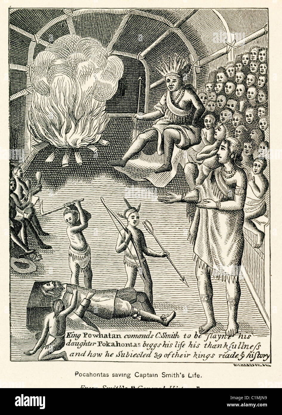 Old lithograph Smith's execution at the hands of the Powhatan Indians. He was saved by Pocahantas. Stock Photo
