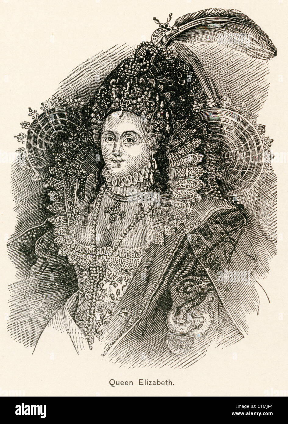 Old lithograph of Queen Elizabeth of England Stock Photo