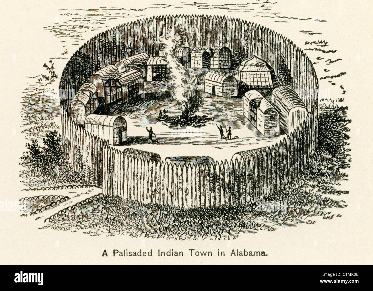 Old lithograph of Indian town in Alabama Stock Photo