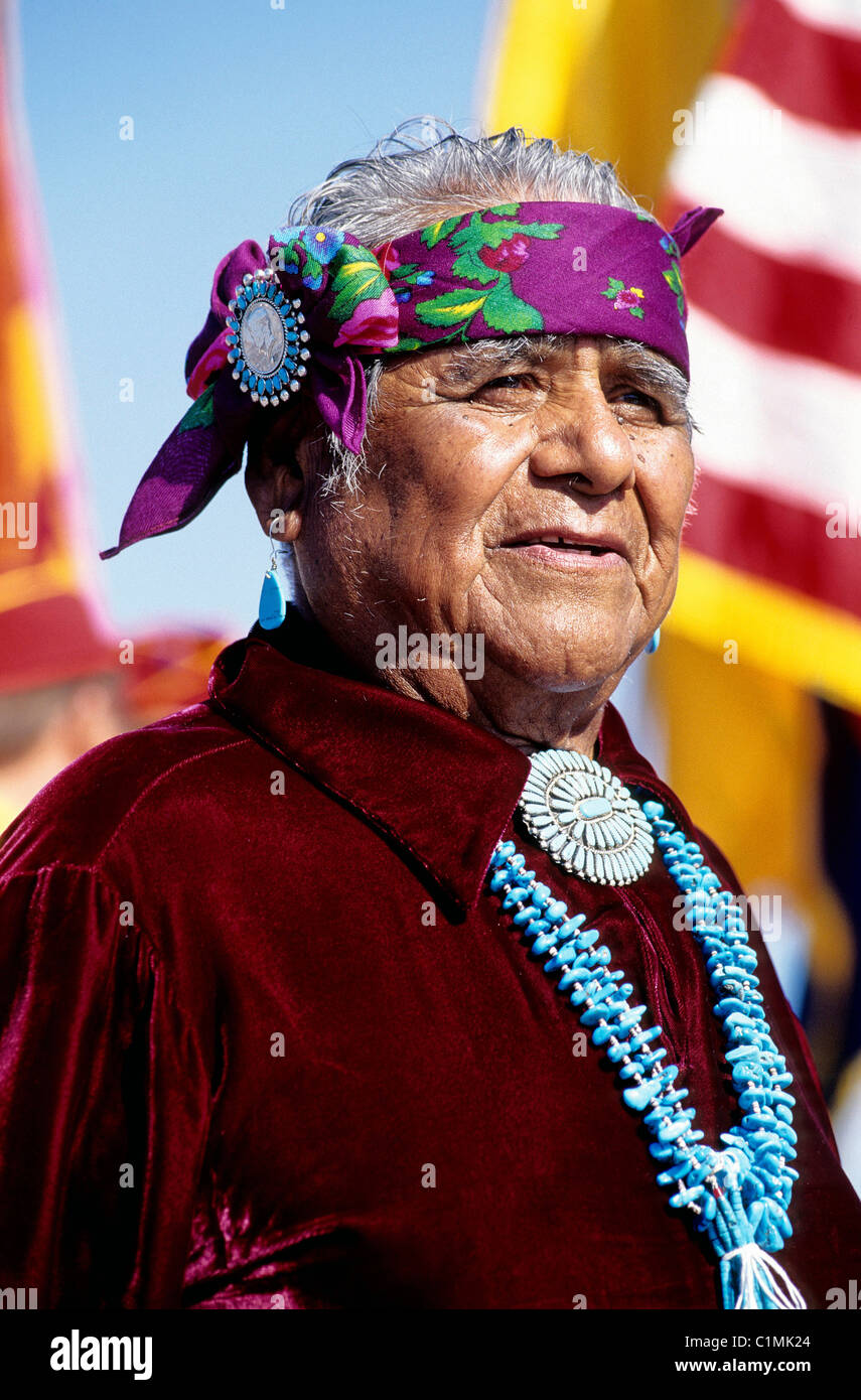 United States New Mexico Gallup Yearly Native Indians Intertribal Ceremonial Parade in the city Zuni medicine man wearing rare Stock Photo