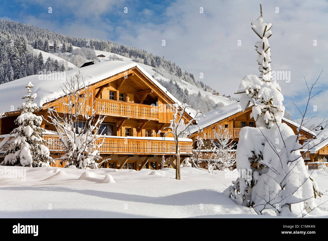 France, Haute Savoie, Megeve Winter resort, rental luxury chalets, Chalets de Mavarin or Lodge Montagnard Stock Photo