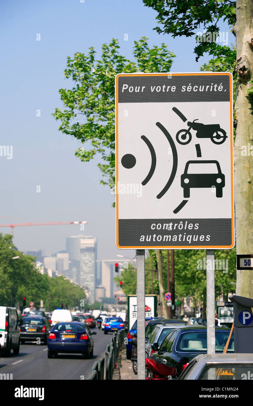 France, Paris, roadsign indicating a radar Stock Photo Alamy
