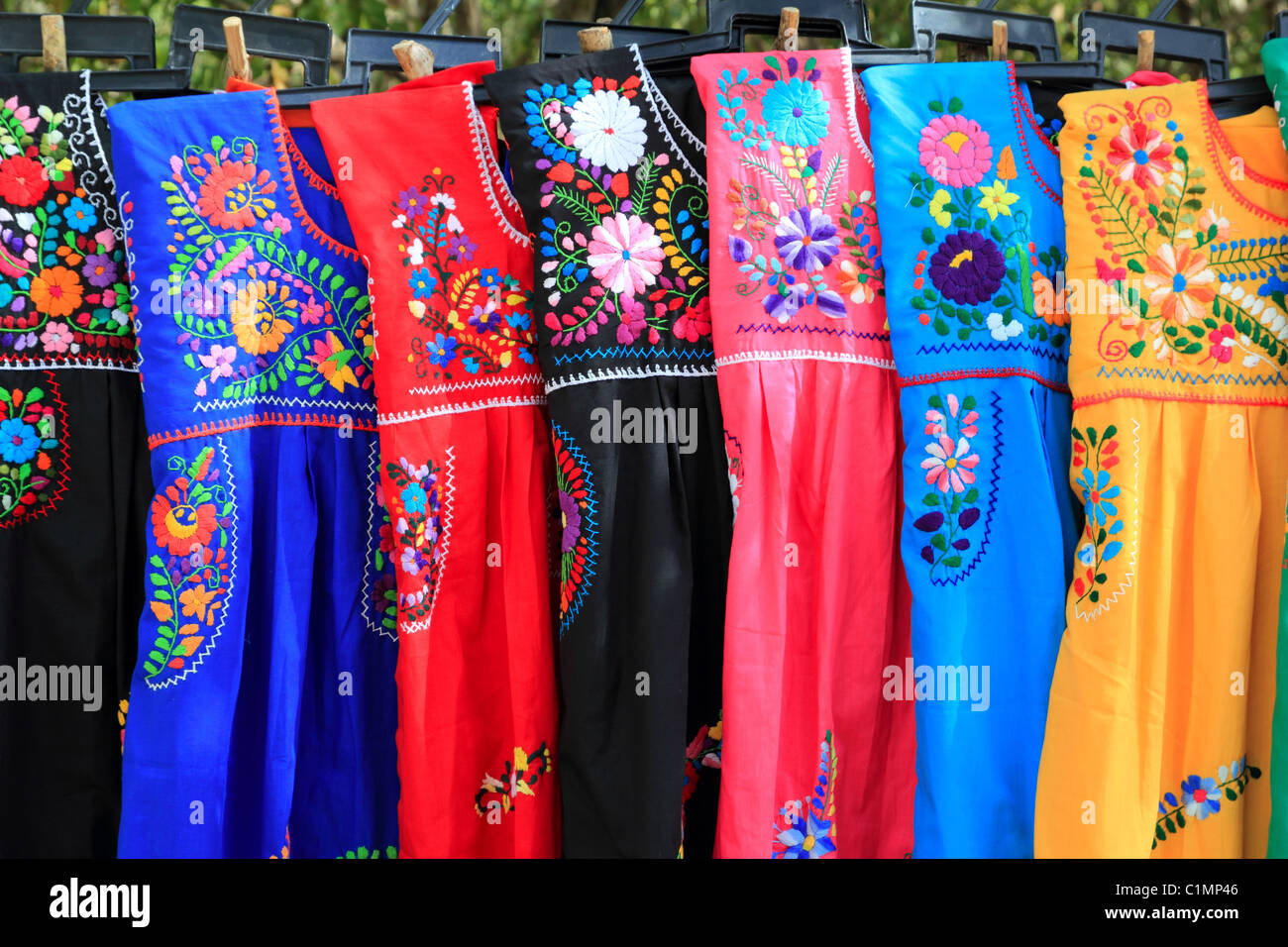 Maya Mexican Dress Belt Vestido Campesino Faja Flowers Chiapas Denim Medium  C010