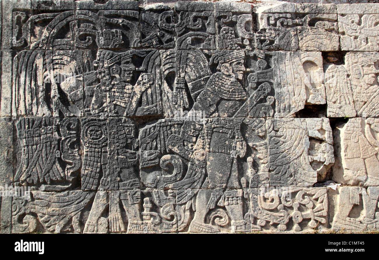 Chichen Itza hieroglyphics mayan poktapok ball court Mexico Stock