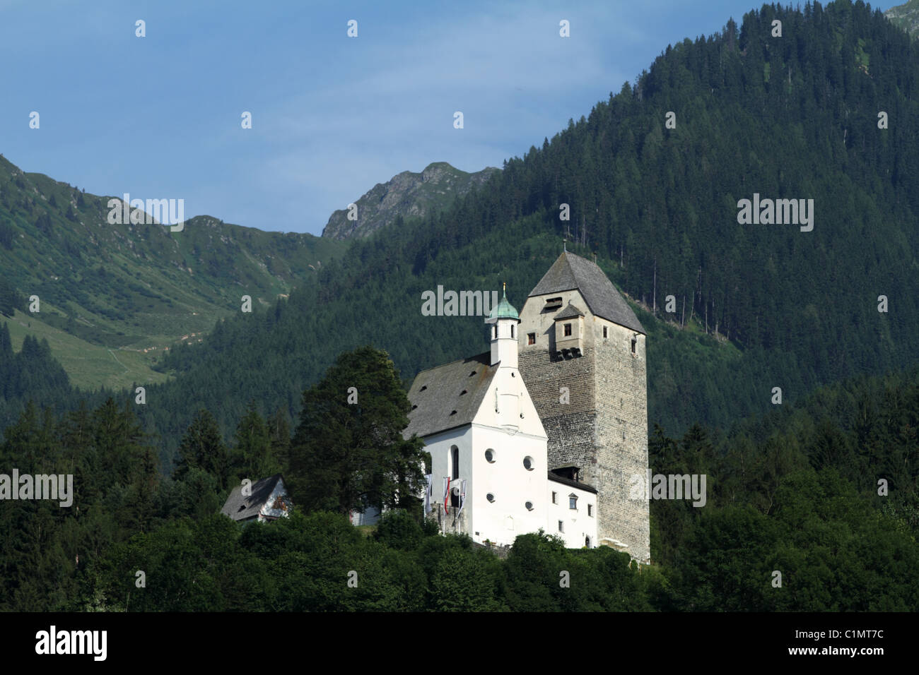Ancient knight´s Freundsberg Castle set on a hill above Schwaz Stock Photo