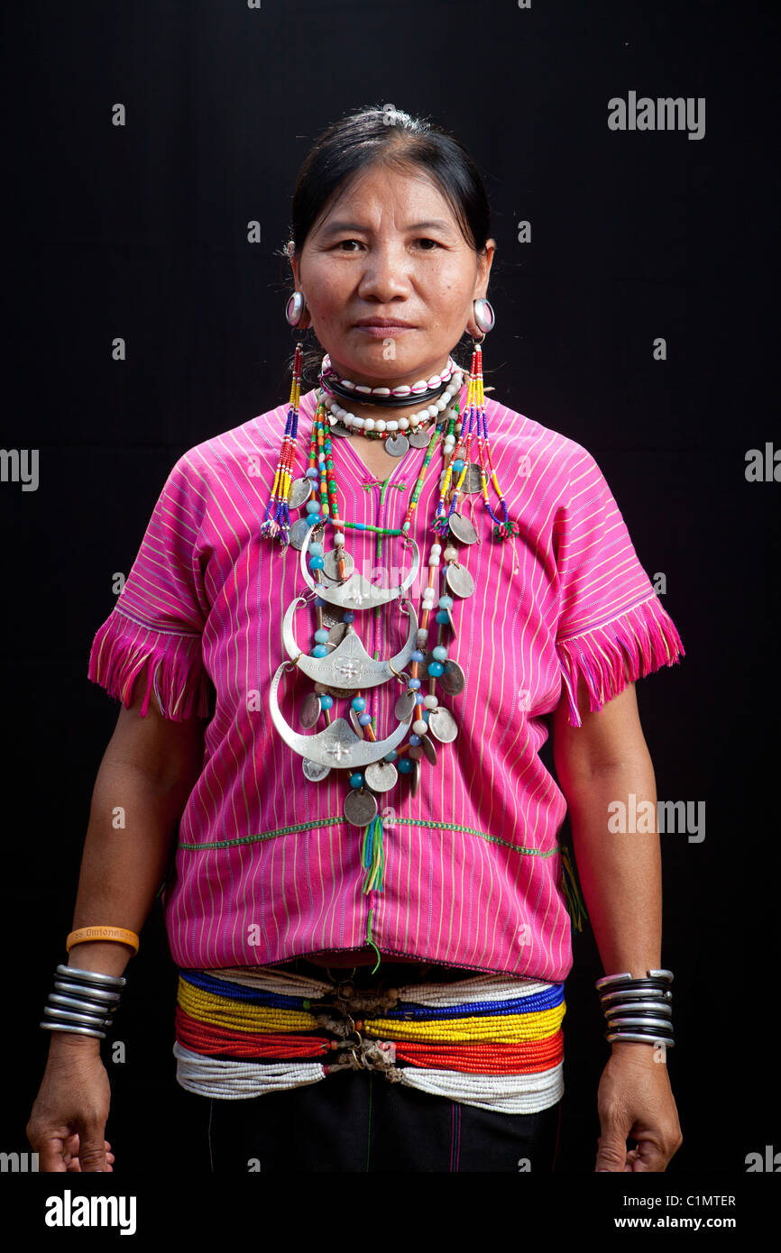 Karen woman take pose at the village in Huay Pu Keng, Mae Hong Son, Thailand Stock Photo