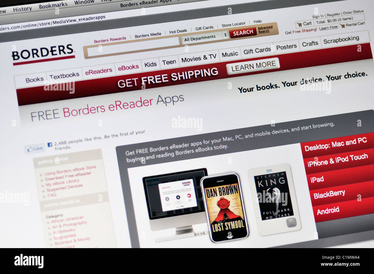 Borders bookstore website - Kobo ereader apps Stock Photo