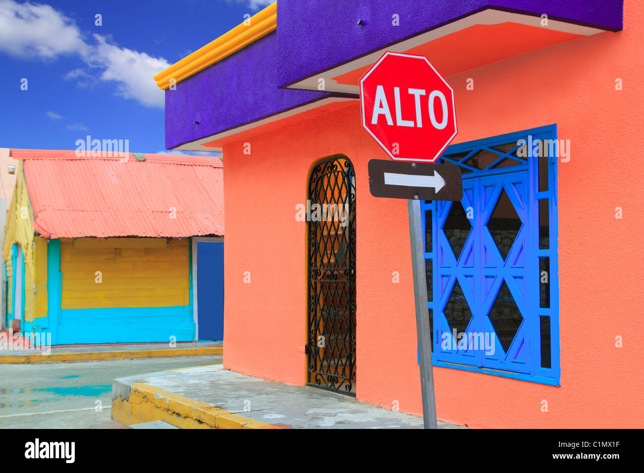 colorful Caribbean houses tropical vivid colors Isla Mujeres Mexico Stock Photo