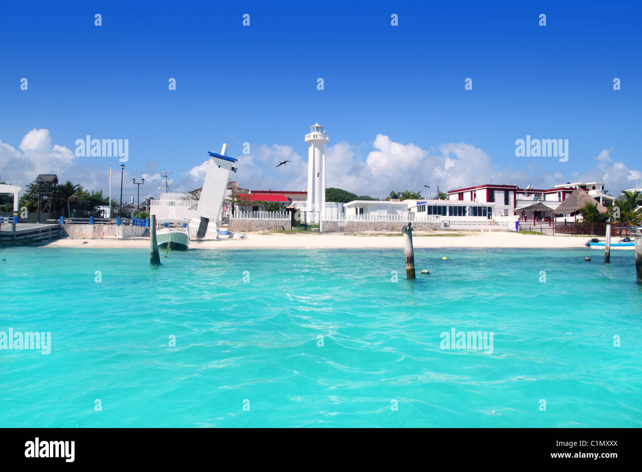 Puerto Morelos beach Mayan riviera Caribbean sea old and new lighthouses Stock Photo