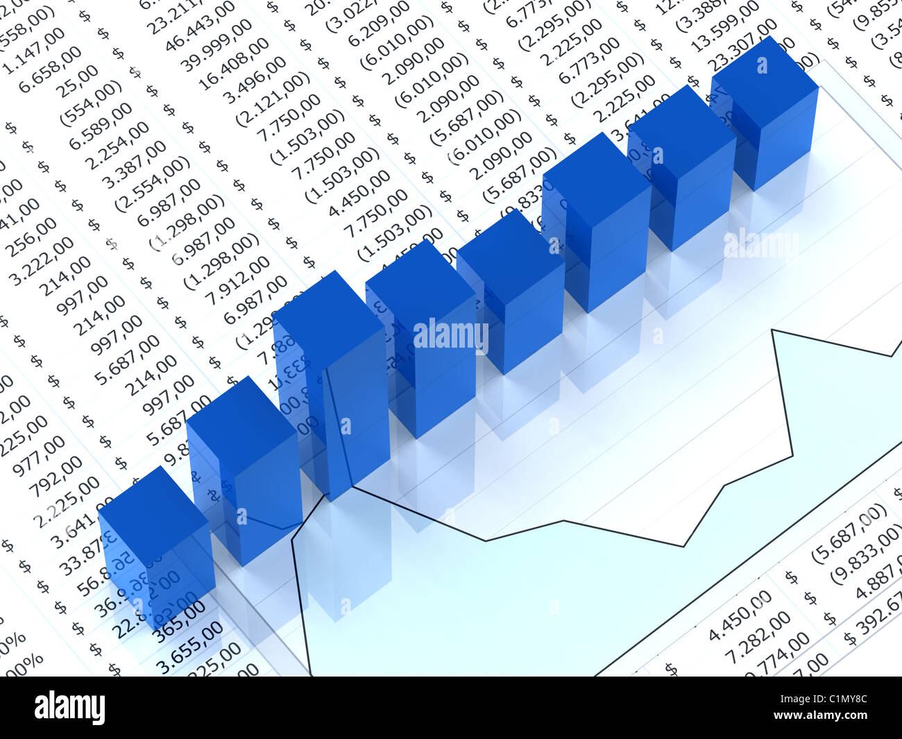Spreadsheet with blue graph bars with numbers in background Stock Photo