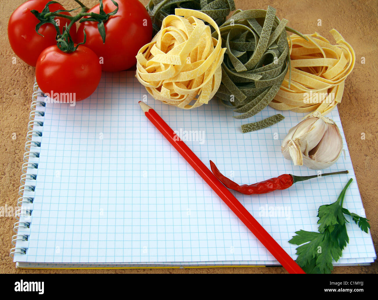 notebook with pasta and vegetables for a menu or recipe Stock Photo - Alamy