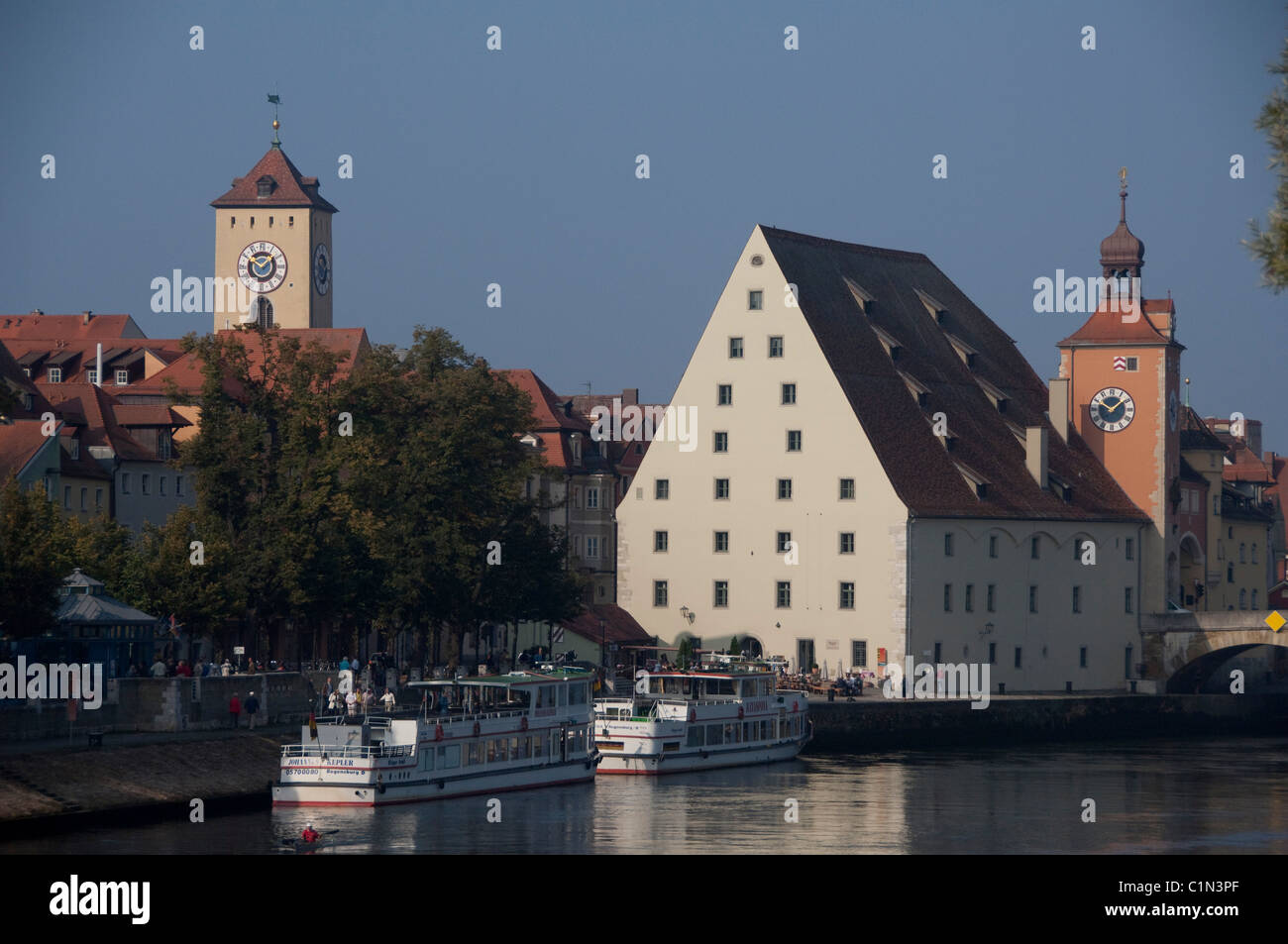 Germany, Bavaria, Regensburg. Historic Salt House, clock tower on the