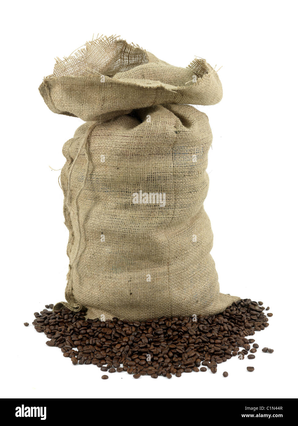 Coffee beans around a hessian bag isolated on white Stock Photo - Alamy