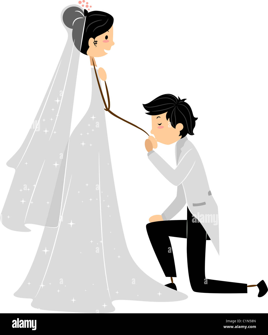 Illustration of a Groom Kissing the Hand of His Bride Stock Photo - Alamy