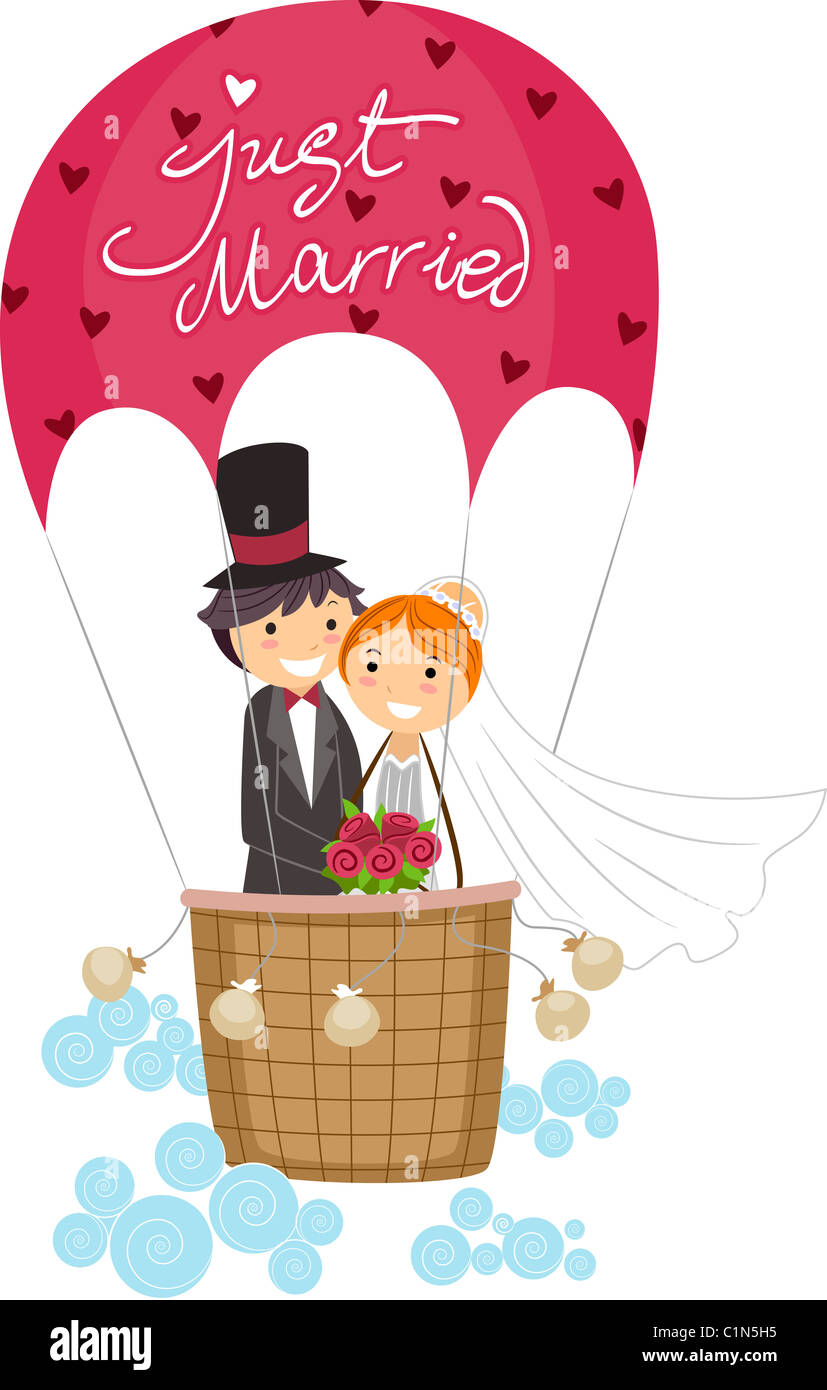 Illustration of Newlyweds in a Hot Air Balloon Stock Photo - Alamy