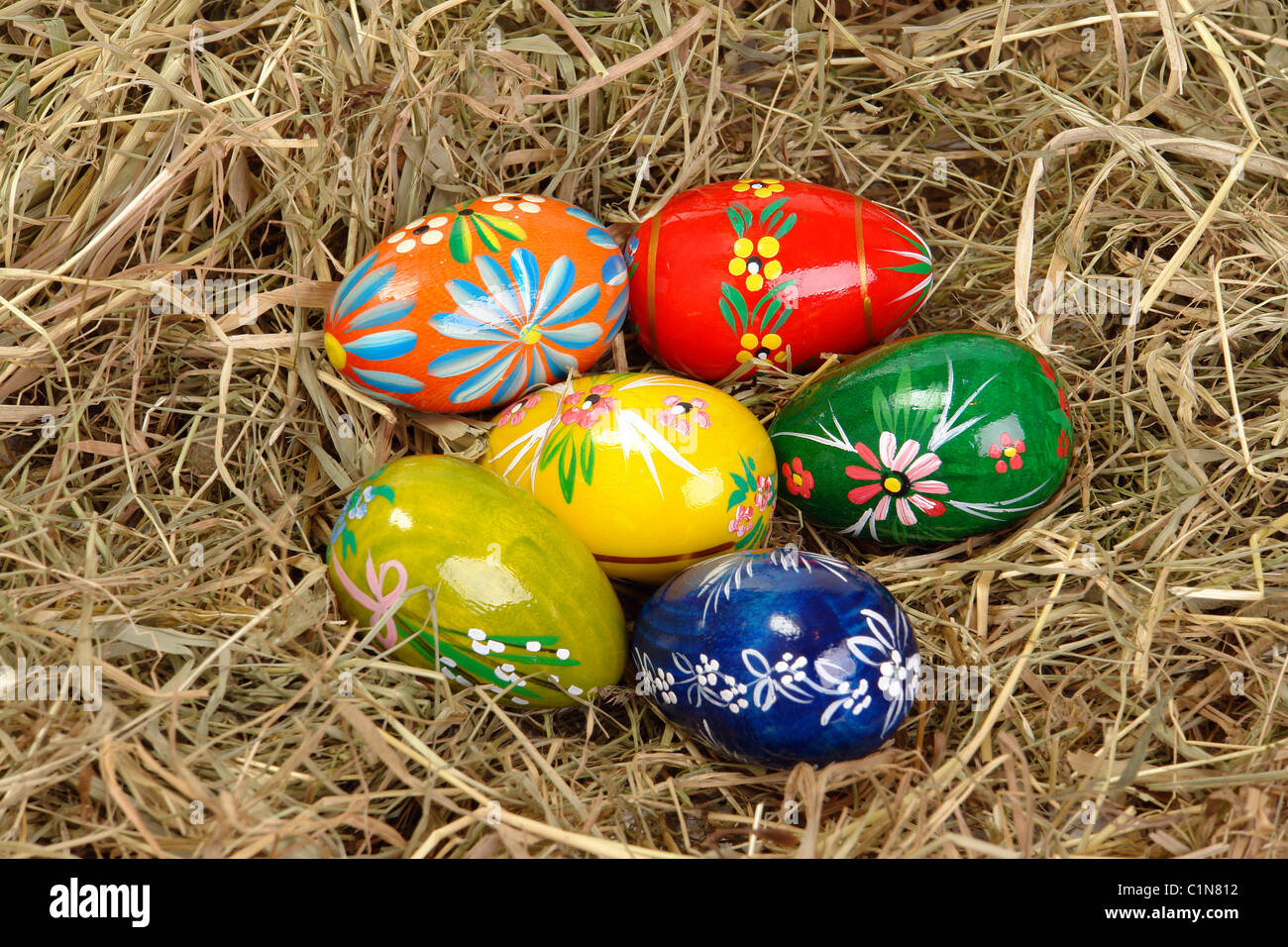 Six colorful easter eggs in laid hay Stock Photo