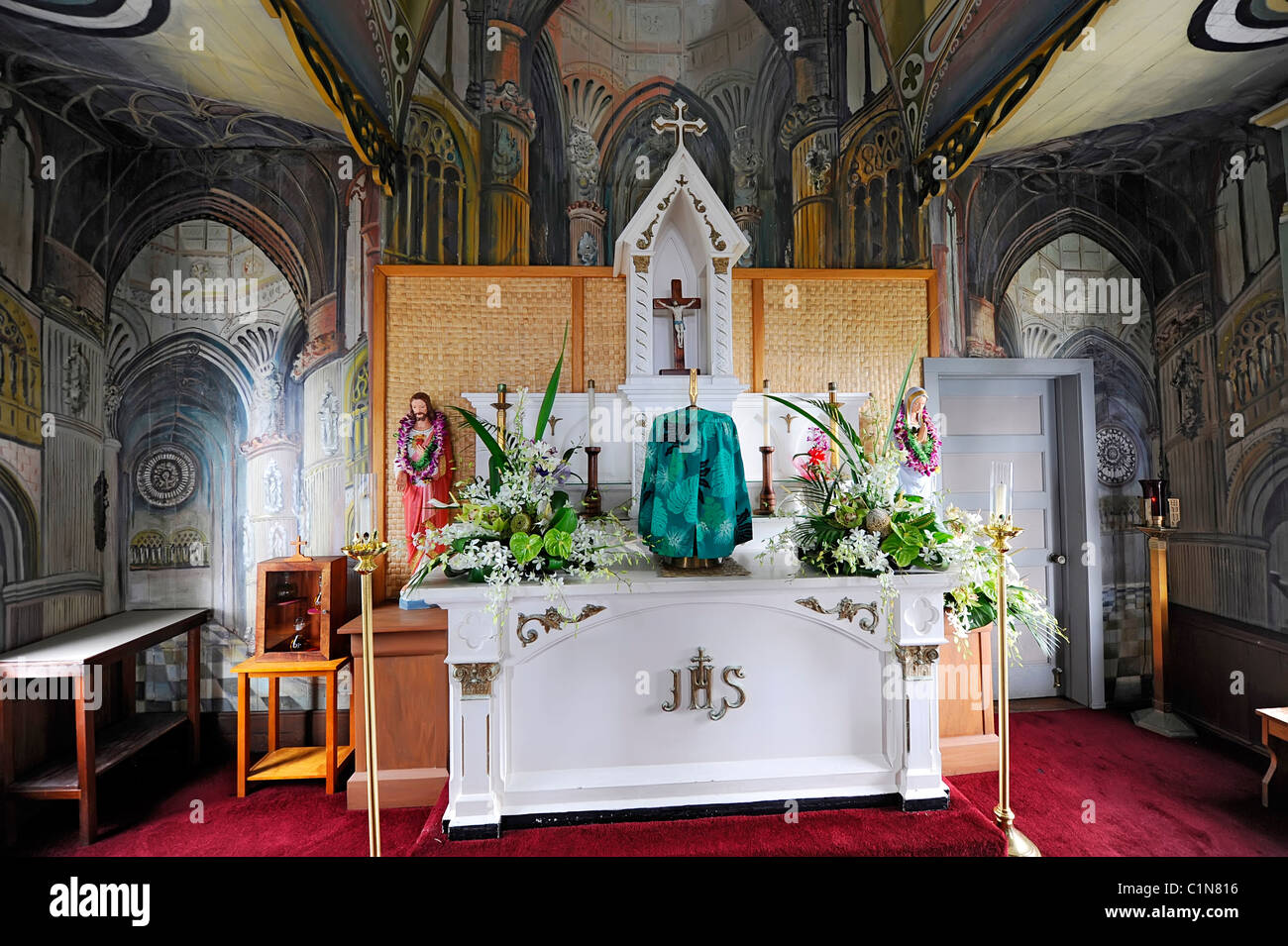 Painted Church Kona Hawaii St. Benedict's Catholic Pacific Ocean Stock