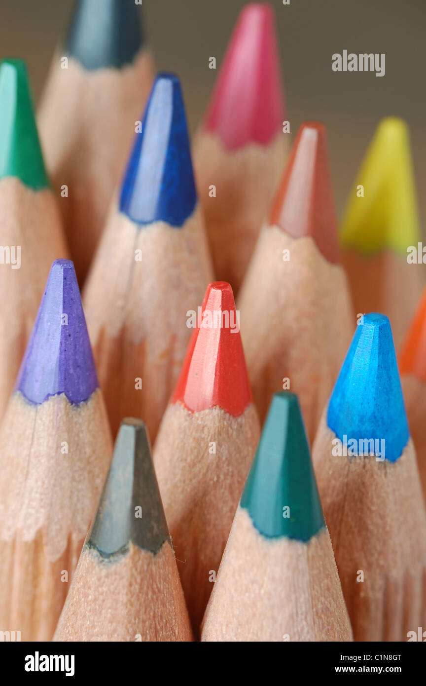 Bunch of colorful wooden crayons Stock Photo