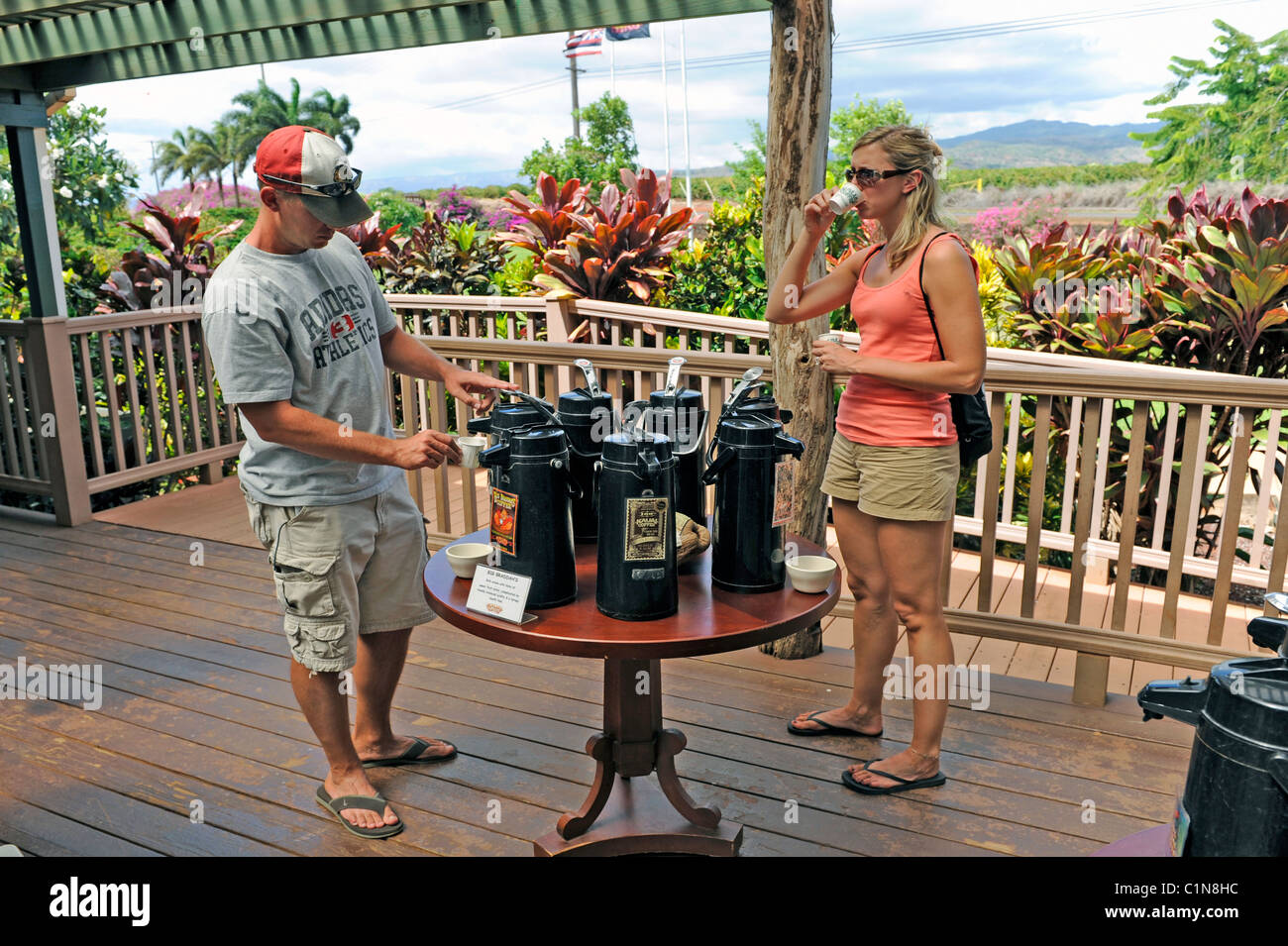 Visitors Sample Coffee Kauai Plantation Eleele Hawaii Stock Photo Alamy