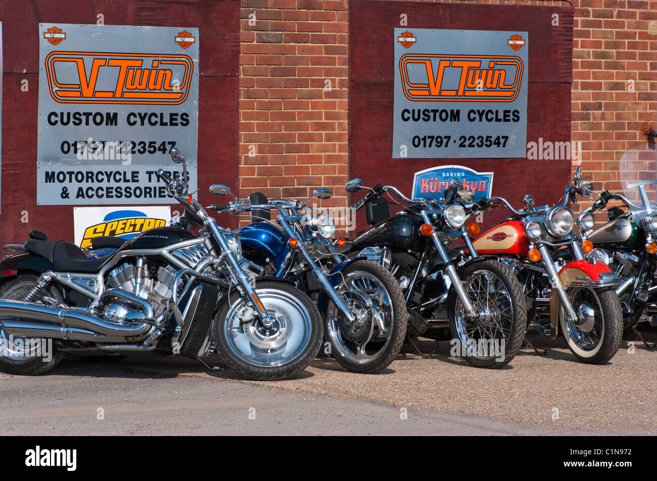 Row of Harley Davidson Motorcycles Stock Photo