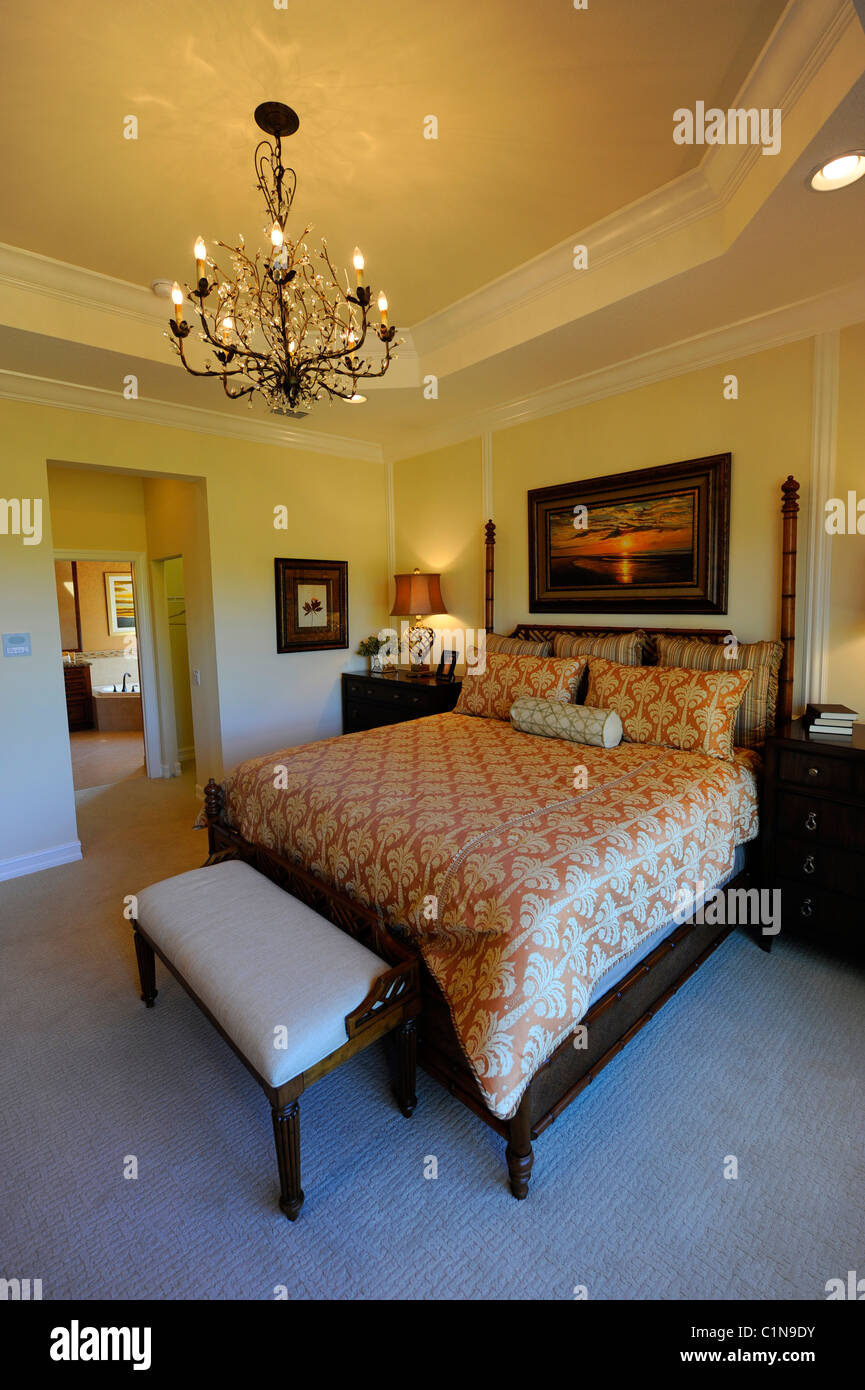 Interior spacious modern bedroom of an upscale new home construction Tampa Florida Stock Photo