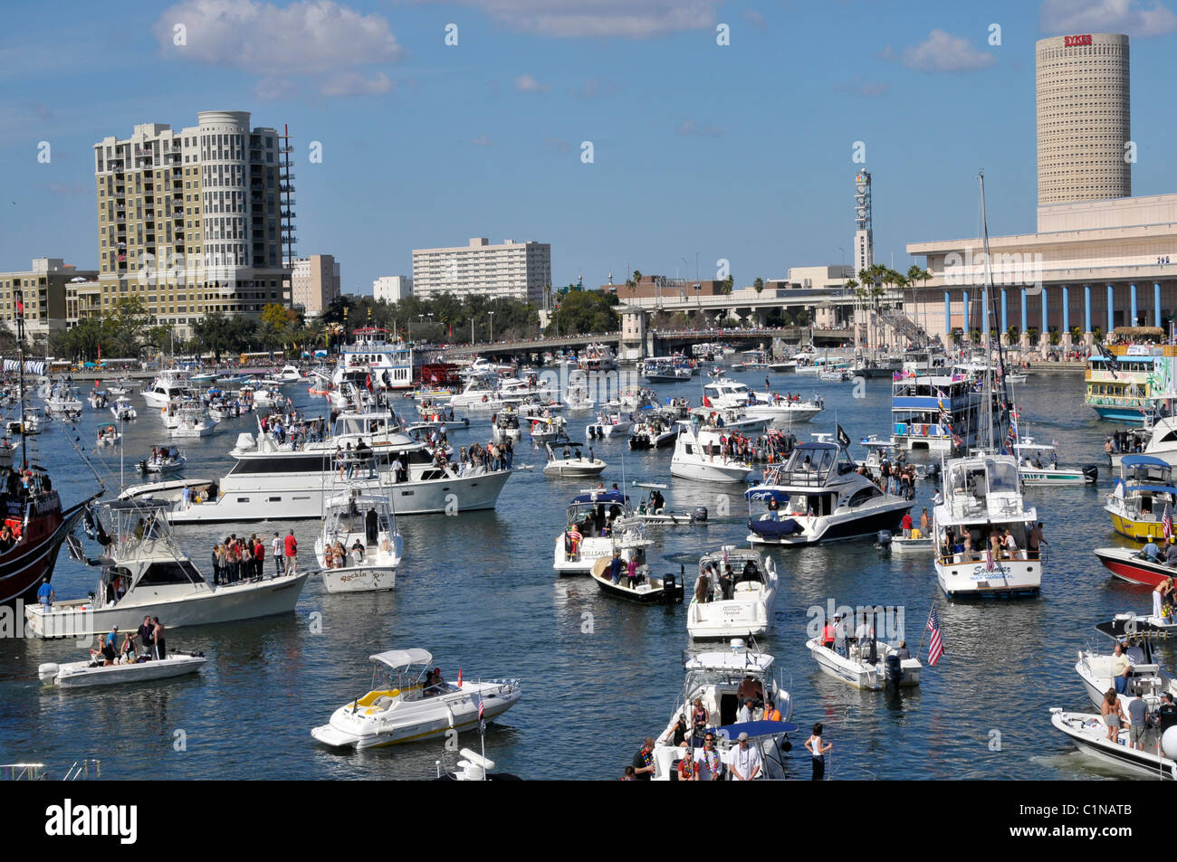Crowd with boats downtown Tampa Gasparilla Pirate Festival Stock Photo