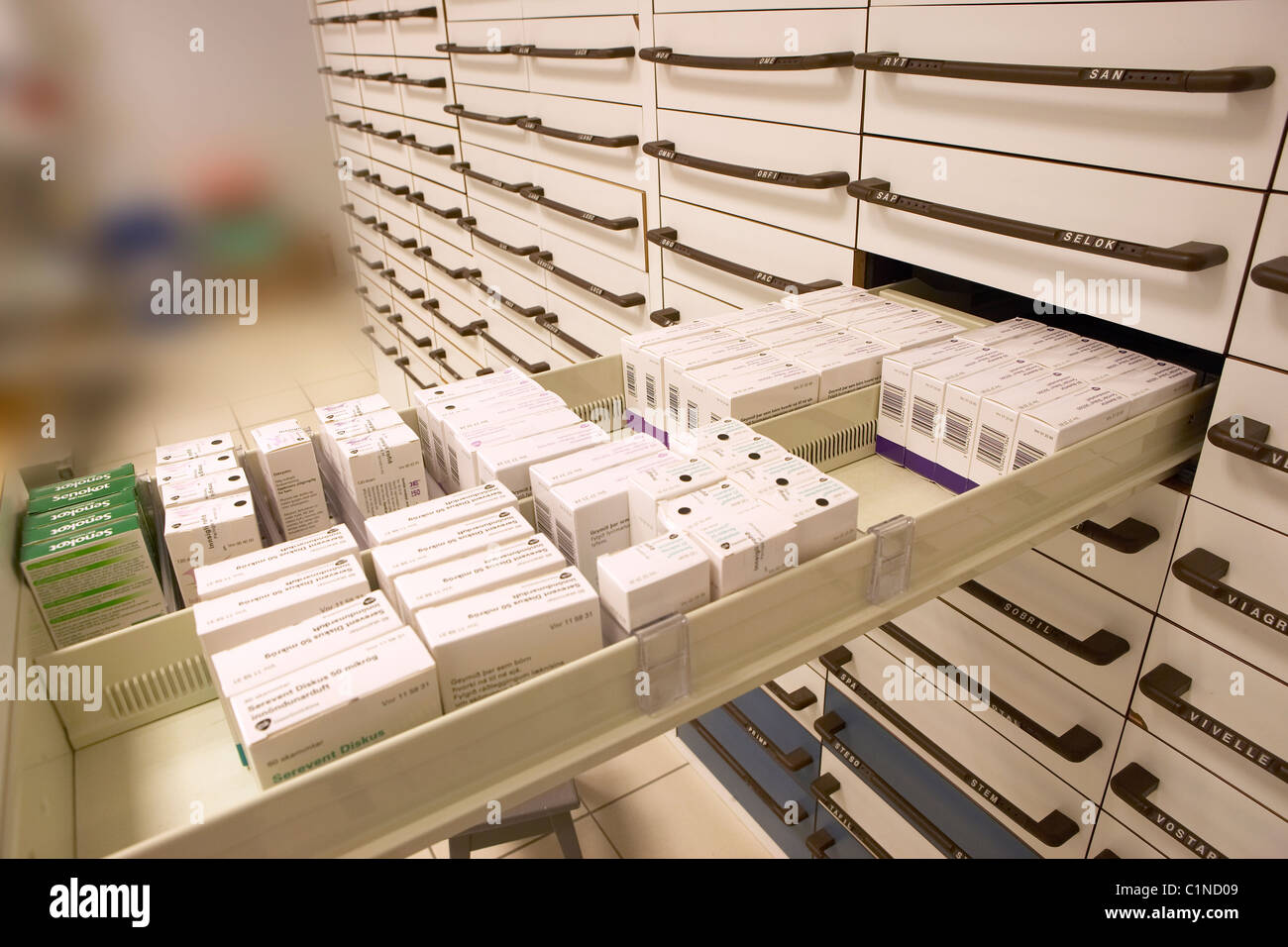 Medicines in Pharmacy, Iceland Stock Photo