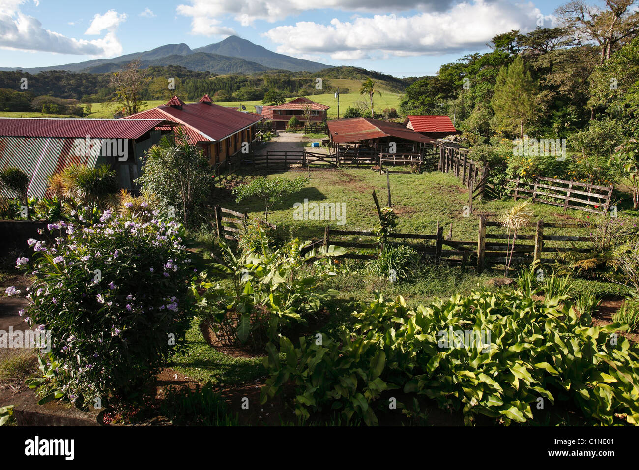 Nueva Zelandia ranch with Cacao volcano in the background, Guanacaste, Costa Rica Stock Photo