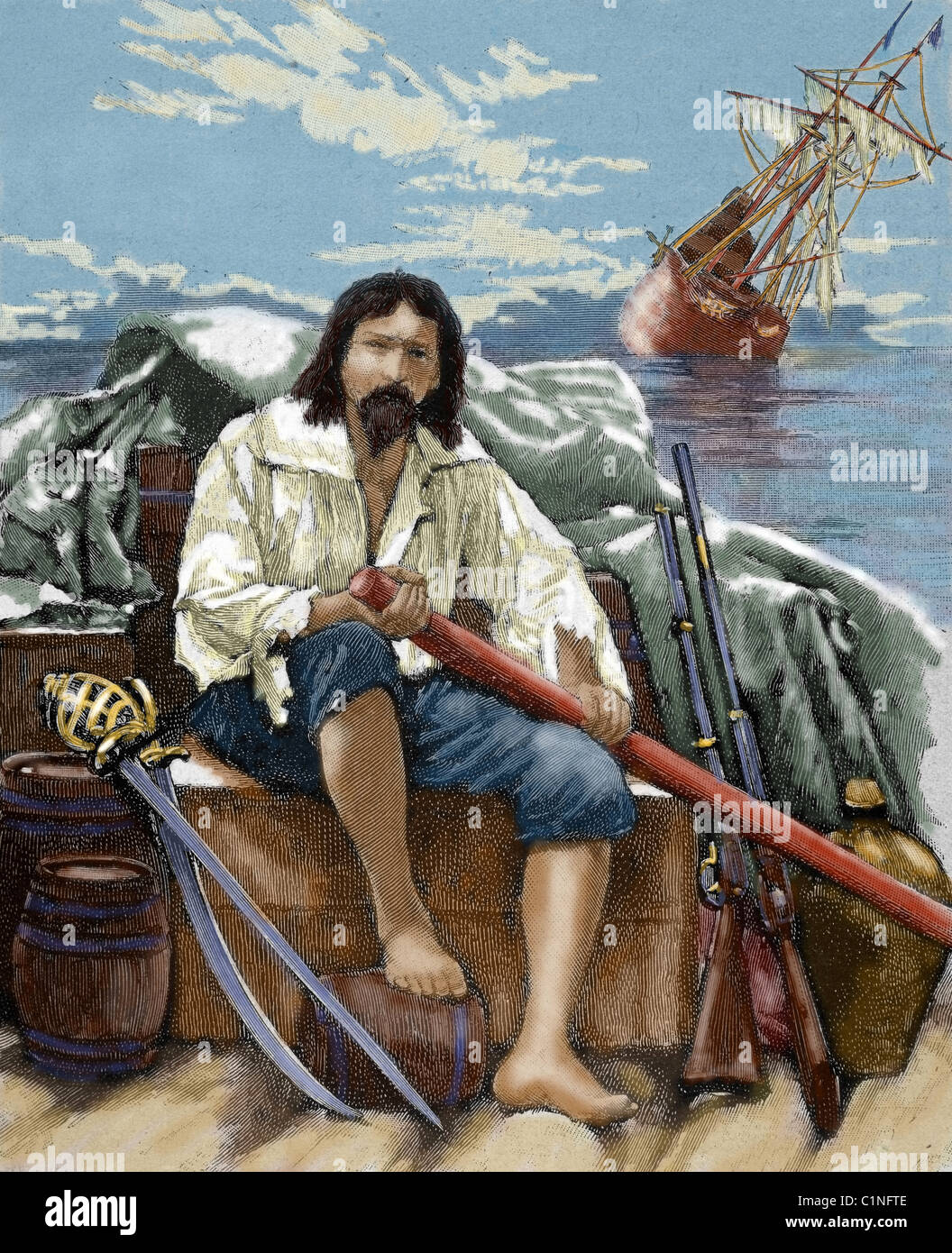 Defoe, Daniel (1660-1731). English novelist. Robinson Crusoe rescuing of the boat all what could be before of its sinking. Stock Photo