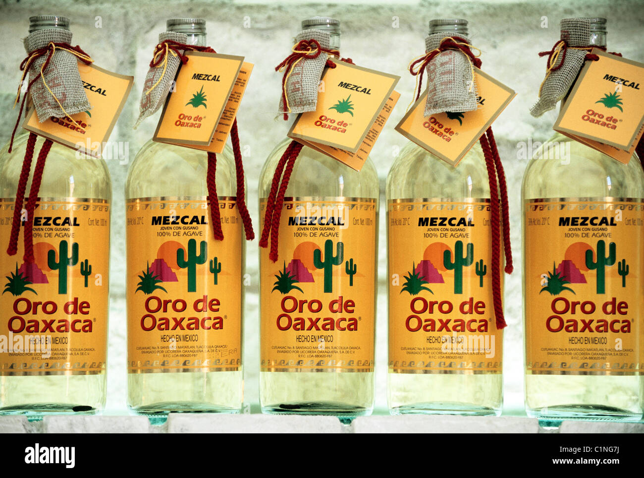 Mexico, Oaxaca State, bottles of mezcal, alcohol from agave Stock Photo