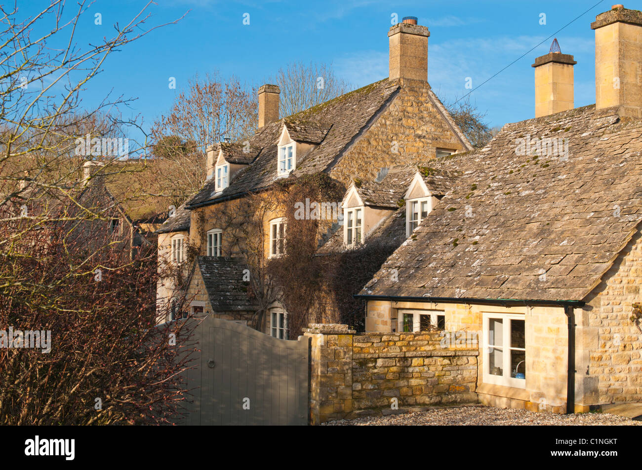 Cotswold stone houses, Naunton, Gloucestershire, Cotswolds, UK Stock