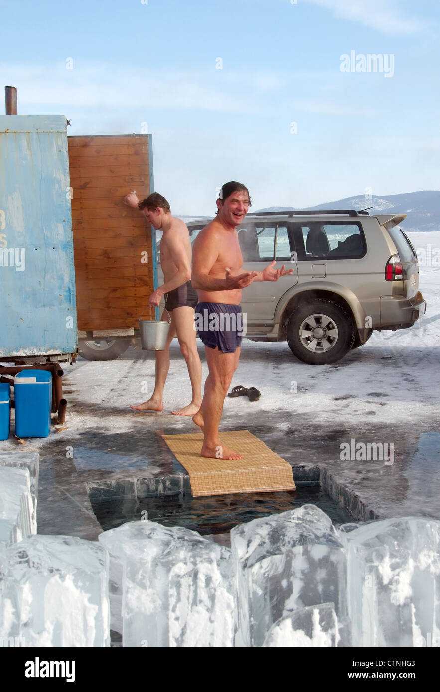 Mobile, ice 'Russian bath', on Bakal lake. Stock Photo