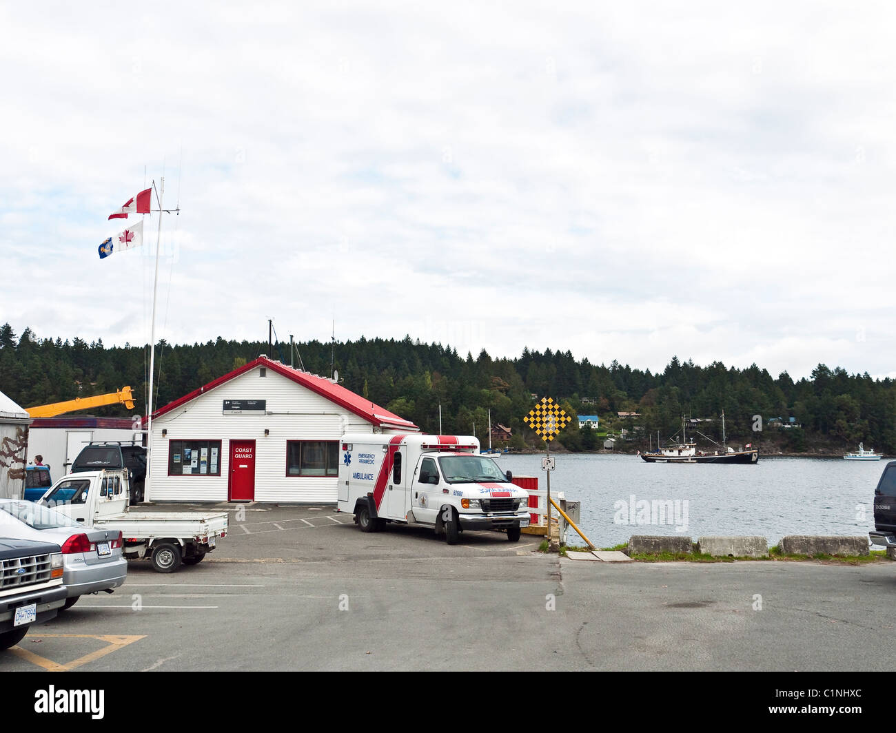 Coastguard Station with emergency paramedic ambulance outside, Ganges, Salt Spring Island,Gulf Islands, British Columbia, Canada Stock Photo