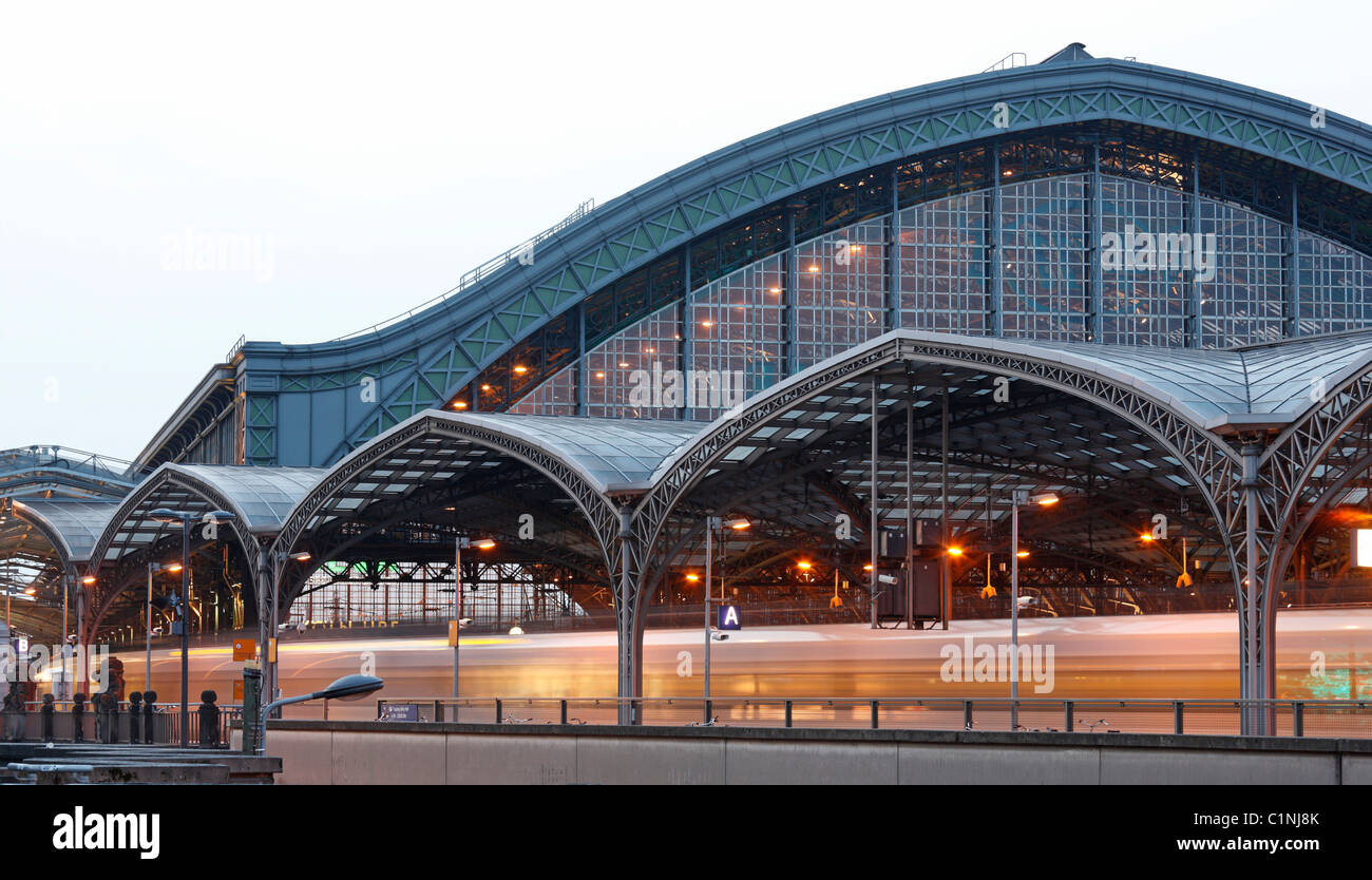 Köln, Hauptbahnhof, Bahnsteighalle von 1894, davor moderne Bahnsteigüberdachung von Busmann & Haberer mit durchfahrendem Zug Stock Photo